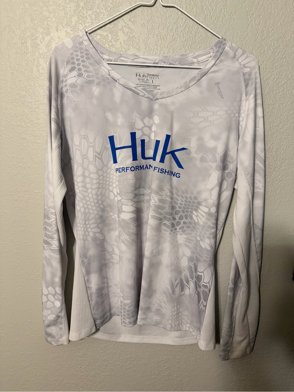 Huk Women's Long Sleeve Performance Tee in White with Blue Logo